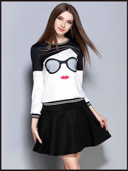 2016 autumn new European and American women's glasses print leisure female o neck patchwork casual women skirt set