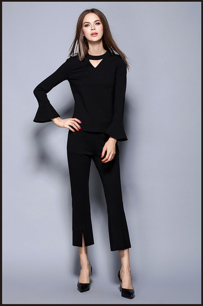 Women Clothing 2 Piece Set 2016 New Long Sleeve Blouse Tops + Horn Pants Set OL Office Wear Slim Suit