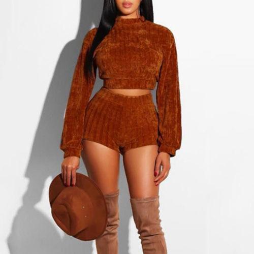 Two Piece Set Women Clothes Autumn Winter Outfits Long Sleeve Knit Sweater Tops+Bodycon Shorts Suit Sexy Matching Sets