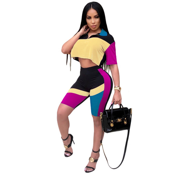 Casual two piece set summer short sleeve crop top and short pants 2 piece outfits for women patchwork plus size two sets