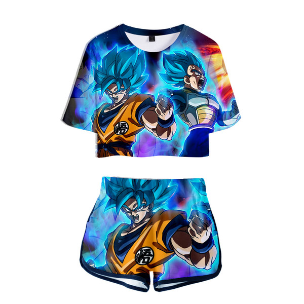 WEJNXIN Summer 3D Two Piece Set Women Super Broly Crop Tops + Shorts Girls Anime Cartoon Goku Vegeta Tracksuit