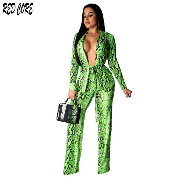 REDCORE Spring 2019 Women Sexy 2 Piece Set Ladies Tops + Trousers Long Sleeve Women Clothes Fashion Snake Skin Print Set TZ123