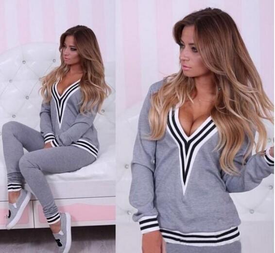 Women Cotton Tracksuit Brand Hoodies Sport Suit Set V Neck Sexy Sweatshirt+Pant Gray Black Jogging Femme Plus Size S-XL