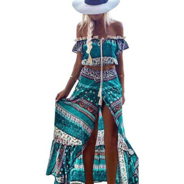 Summer Bohemian Two Piece Set Off Shoulder Sexy Crop Top High Waist Long Skirt Vintage Boho Women Suits Top And Skirt