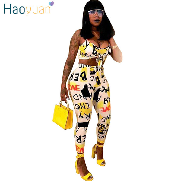 HAOYUAN Letter Graffiti Print Sexy Two Piece Set Summer Outfits Crop Tops+Bodycon Pants Suit 2 Pcs Matching Set Tracksuit Women