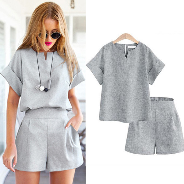 Women Summer Style Casual Cotton Linen Top Shirt Feminine Pure Color Female Office Suit Set Women's Costumes Hot Short Sets