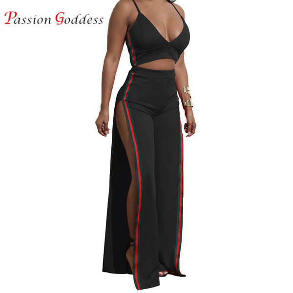 2018 Summer Women Two piece set Sexy Spaghetti Strap Crop Top and High Waist Split Long Wide Leg Pants Women's suit 2 piece set