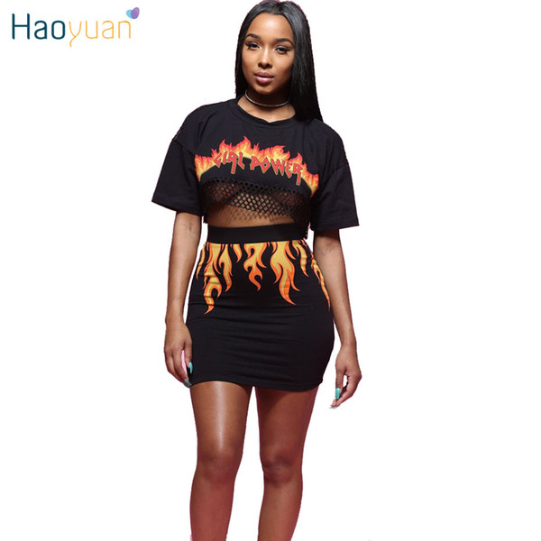 HAOYUAN 2 Piece Set Women Fire Flame Print Back See Through Sexy Mesh Crop Top And Mini Bodycon Skirt Outfit Suits Two Piece Set