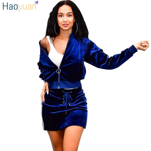 HAOYUAN Women velvet tracksuits 2017 autumn long sleeve top and skirt suits casual black/blue velour sweatsuits two piece set