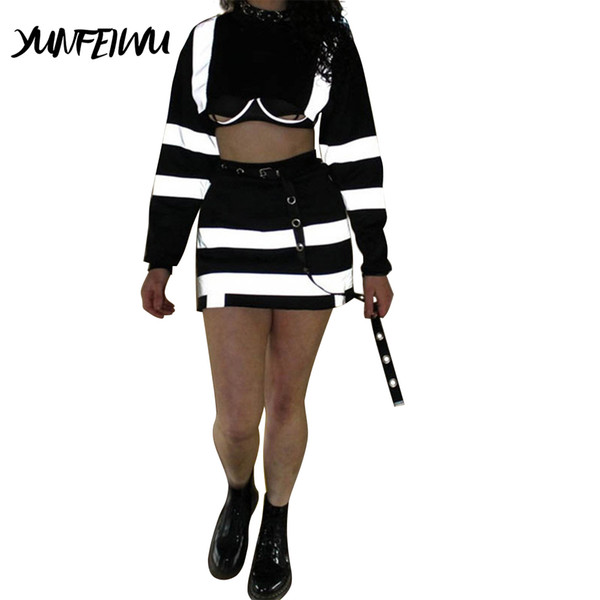 Women Patchwork Sweatshirt High Waist Skirt Fashion 2 Piece Set Reflective Ribbon Streetwear Bodycon Skirt Women Casual Suits