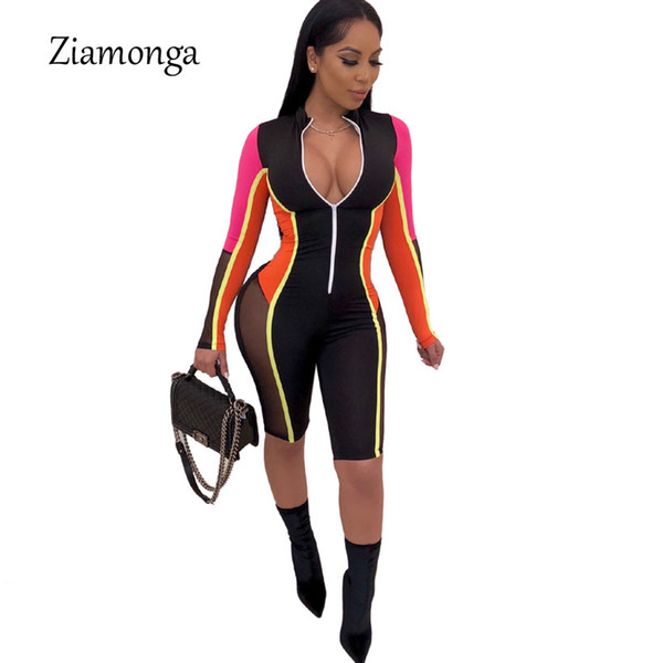 Ziamonga New Style Brand Fashion Casual Style Women Playsuit Striped Deep V Neck Long Sleeve Bodycon Romper Female Jumpsuit