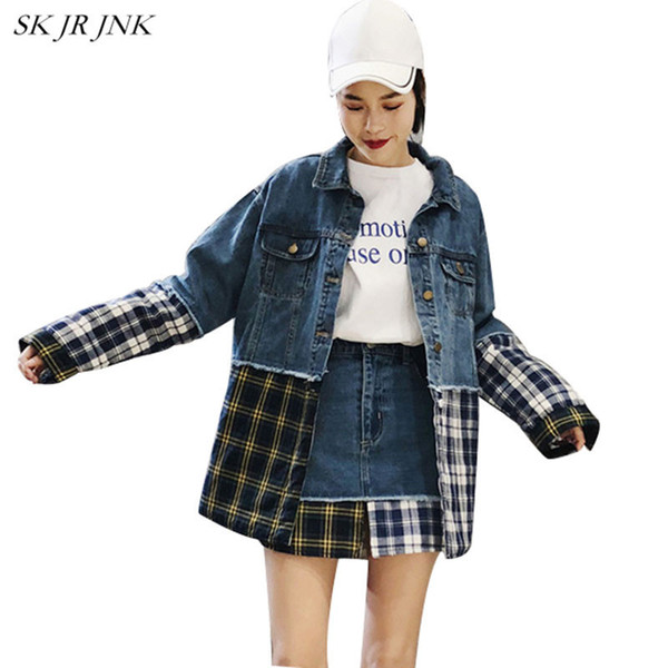 Spring Autumn Women 2 Piece Sets (jackets + skirts) Ladies Lattice Patchwork Tracksuits Suits Female Denim Tops And Pants SR460