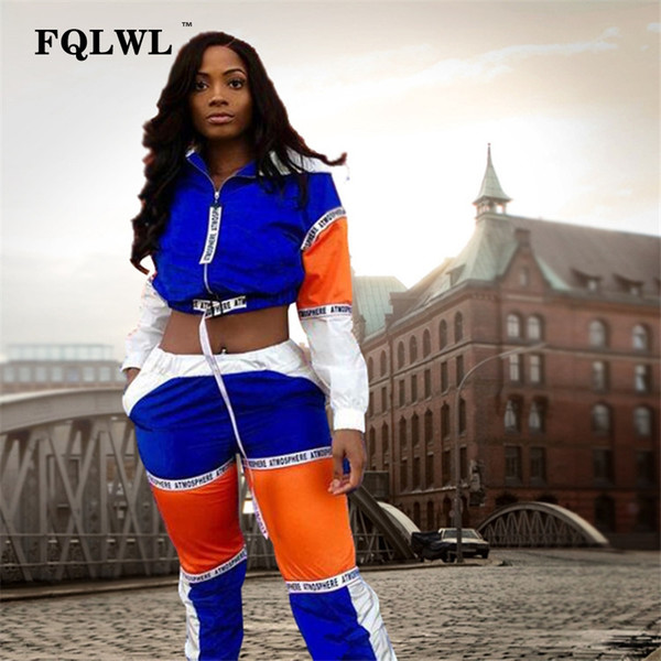 FQLWL Patchwork Women Two Piece Outfits Letter Print Hooded Long Sleeve Crop Top+Pants Streetwear Tracksuit Women Matching Sets