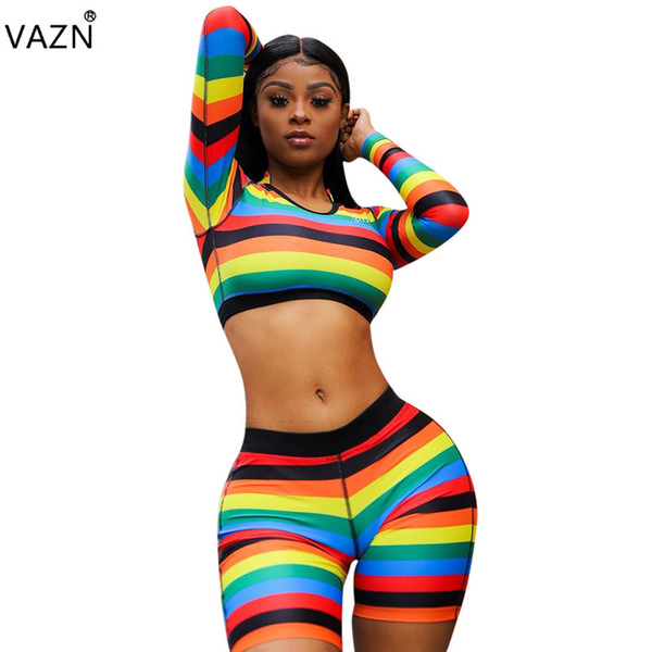 VAZN Special Designer 2019 New Popular Sexy Women 2 Pieces Sets Striped Full Sleeve Top Hollow Out Short Pants Slim Set BLX7003