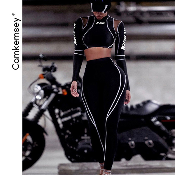 Women Skinny Fitness Two Piece Sets 2019 Fashion Letter Print Sporting T-Shirts With Stretch Fitness Leggings Workout Tracksuits