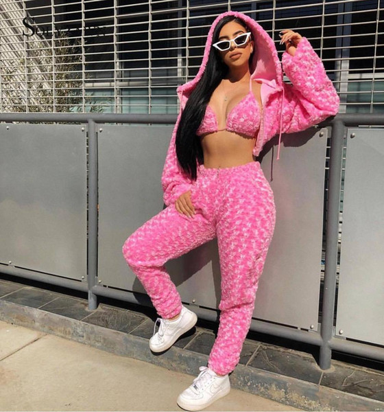 Pink Tracksuit Women Autum Winter Rose Velvet Long Sleeve Jacket and Casual Trouser Suit Female Sportswear Two Piece Set Outfit