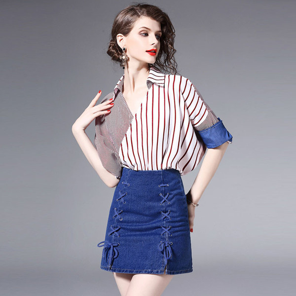 Hot Women Striped Splice Sleeve Cowboy Dresses with Buttocks Office Work Leisure Wear Fashion Suit Skirt Tide Summer Women Clothing