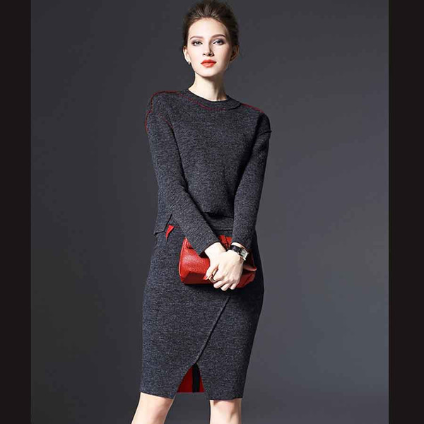 Autumn Winter Warm Dress Long Sleeve Women Leisure Set Bodycon Homecoming Dresses Wollen Skirt Two Pieces Ladies Dress