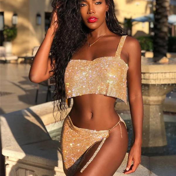 Sparkly Rhinestone Sexy Club Dress 2019 Women Diamond Crop Top and Skirt 2 Piece Set Night Out Party Matching Outfits