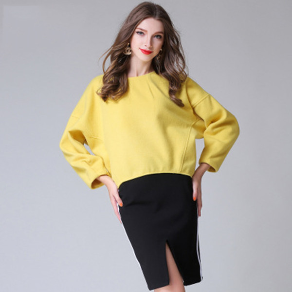 Two Pieces Dress Lady's Woolen Blouses Long Sleeves Fashion Yellow Round Neck Tops Bodycon Dress Sex Personality Autumn Spring Clothing