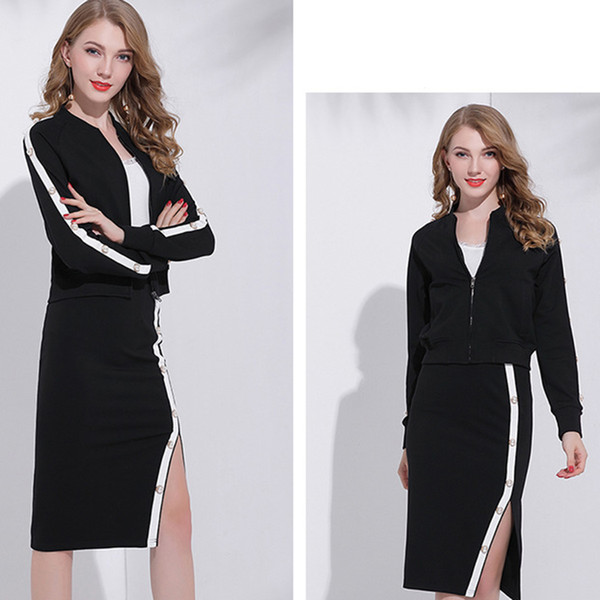 Autumn Slim Dresses Women Two Piece Sets Black Coat Forking Mini Skirt Fashion Sets Round Neck Tops Free Shipping