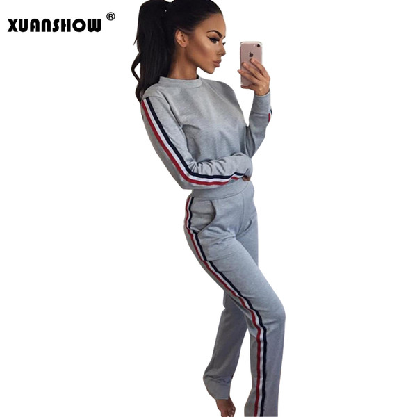 XUANSHOW 2018 New Sping Autumn Striped Two Piece Set Tracksuit for Women Sweatshirts Top and Pants Womens Casual Fashion Outfits