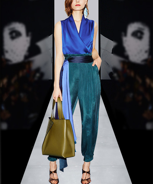 2017 Luxurious Royal Blue V Collar Sleeveless Top And Long Loose Pants Contrast Color Milan Runway 2 Pieces Sets D0617113