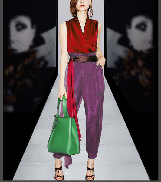 2017 Luxurious Wine Red V Collar Sleeveless Top And Long Loose Pants Contrast Color Milan Runway 2 Pieces Sets D0617113