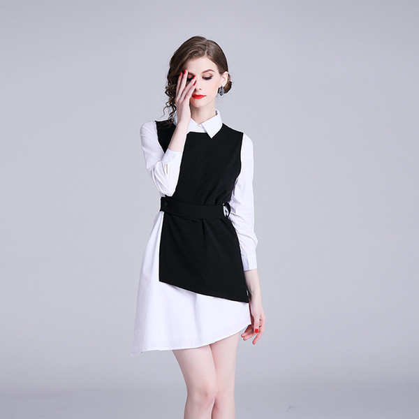 2019 Pydownlake Spring New OL Women Girls Fashion Commute White Irregular Shirt Empire Dress+Black Mini Vest Dress Two Pieces