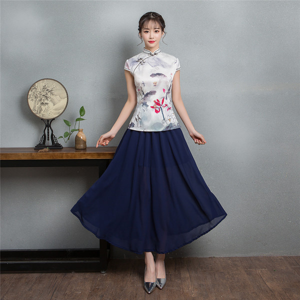 Shanghai Story 2 Pieces Set Chinese Tradition Style Uniform Faux Silk Blouse & Long Skirt Vintage Dress Set For Ladies