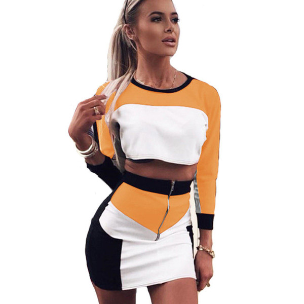 Colors Patchwork Fashion Two Piece Dress Women 2018 Autumn Long Sleeve Cropped Tops Bodycon Skirts Robe Women Sets