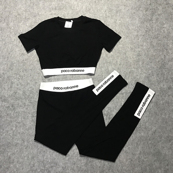 2019 new summer European fashion women's high waist short sleeve letter print crop top t-shirt and sports yoga long leggings twinset