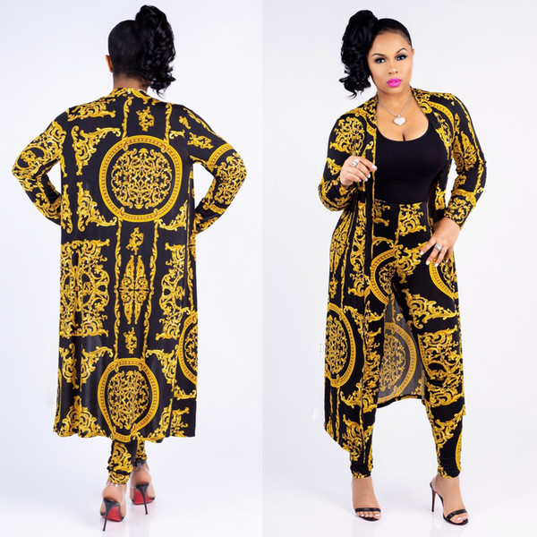 Designer new fashion classic black gold print large size cloak sexy slim pants ladies set 9115