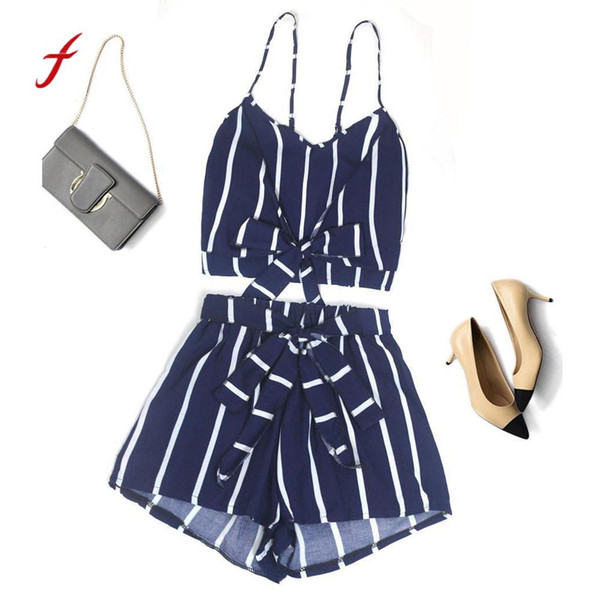 Feitong Casual 2 Two Piece Set Sexy Women Striped Sleeveless Bandage Vest Blouse + Shorts Two-Piece Outfit