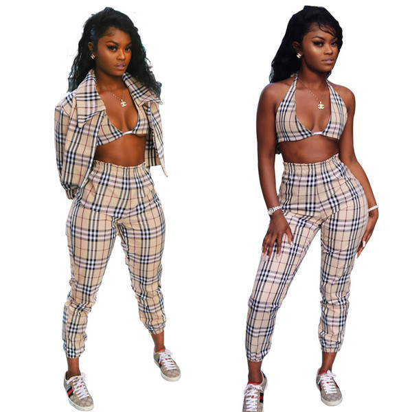 Women S Designer Tracksuits 3pcs Clothing Sets Plaids Jacket Bras Pants Suits Vestidoes