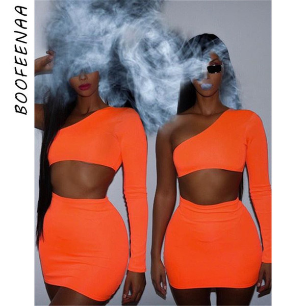 BOOFEENAA Women Neon Bodycon 2 Piece Set Summer 2019 High Street Night Out Club Outfits Matching Short Sets Crop Top Skirt