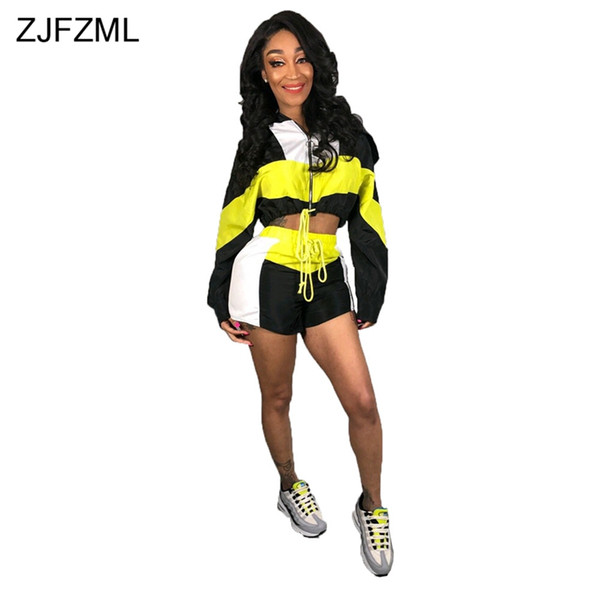 Color Block 2 Two Piece Matching Sets Women Front Zipper Full Sleeve Crop Top And Club Shorts Casual Tracksuit Sweatsuit Outfits