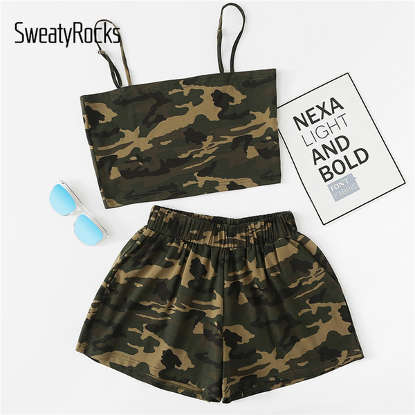 SweatyRocks Camo Cami Top With Shorts 2018 Summer Women Spaghetti Strap 2 Piece Army Green Sleeveless Casual Two Piece Set