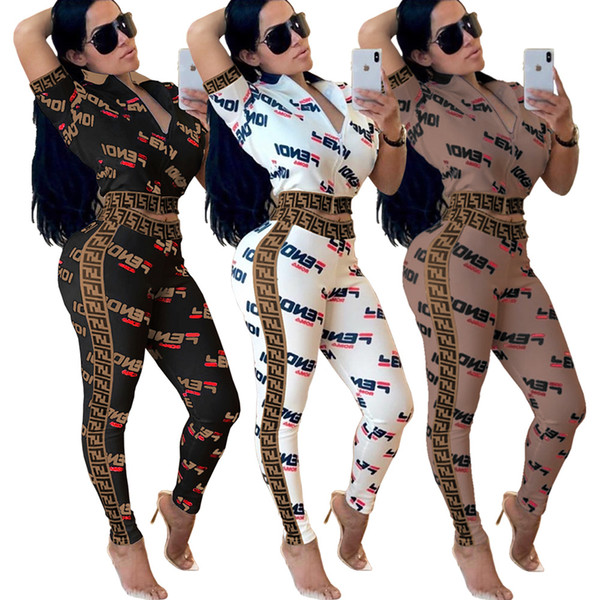 Letter Women Two Piece Outfits Brand Pantsuit FF Print Lapel Neck Short Sleeve Zipper Crop Top Long Slim Pant Set White Black Brown S-3XL