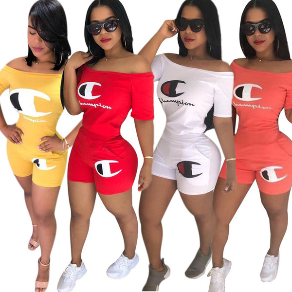 Champions women 2 piece shorts set slash neck off shoulder short sleeve pullover tshirt bodycon leggings shorts summer clothes plus size 276