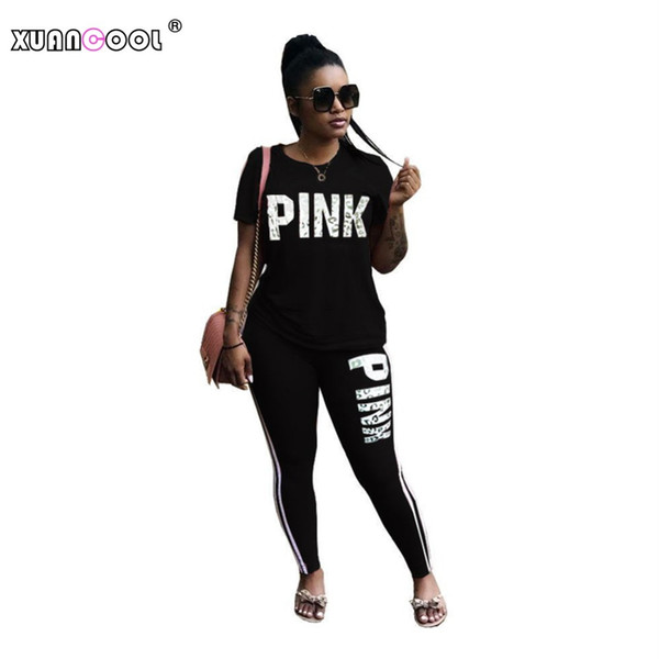 XUANCOOL Womens Tracksuit Pink Letter Short Sleeve Tops and Side Stripe Long Pants Suit Ladies Casual Two Piece Set Plus Size Y1891901