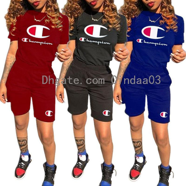 Summer Women Letter Printed Tracksuit Two Piece Outfits Set Champion 2019 Short Sleeve T Shirts Crop Tops And Short Pants Clothing Suits