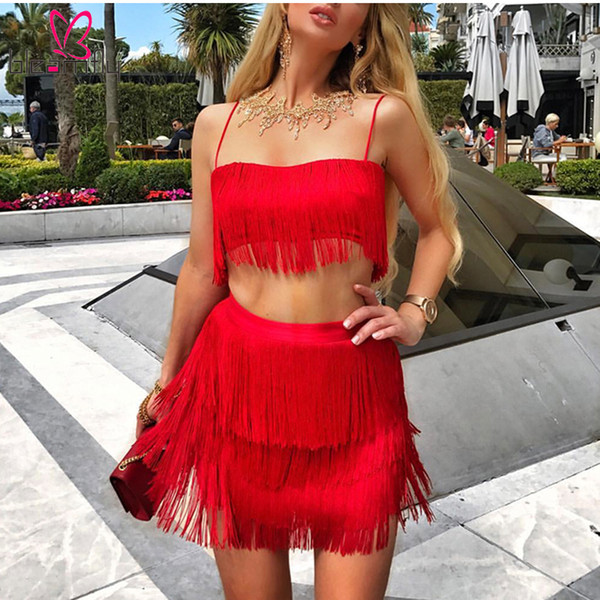 Women sexy club tassel short crop top women tops skirt summer 2 piece set for female two pieces set outfit Clothing Match