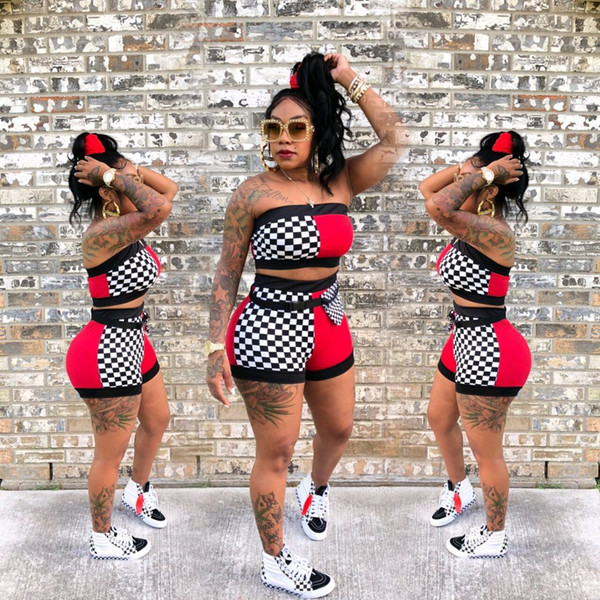 S-XXXL Size Sexy 2 Piece Set Summer Strapless Crop Top And Fit Slim Shorts With Sashes Women Contrast Color Plaid Outfits