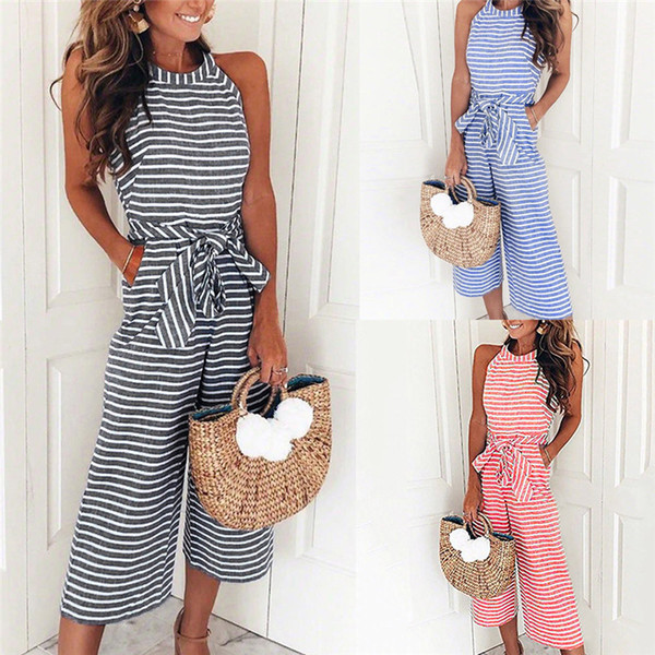 Women Sleeveless Striped Jumpsuit Casual Clubwear Wide Leg Pants Outfit Sleeveless Women' s jumpsuit rompers womens #52420 Y1891903