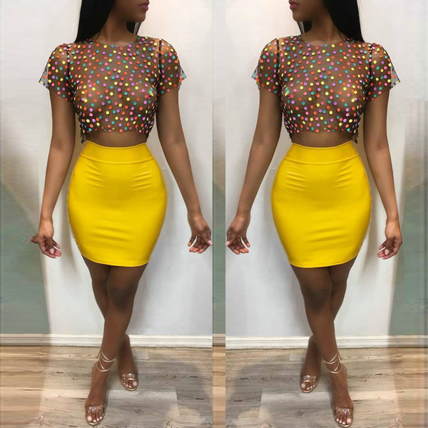 Women Sexy Club Dress Set Clear Crop Tops + Mini Skirts 2 Piece Dress Women Nightclub Wearing Clothing NEW