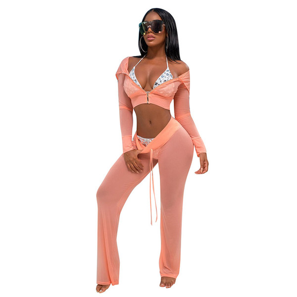 Summer beach style two piece set crop tops and long pants mesh see through long sleeve sexy 2 piece outfits cover ups beach wear