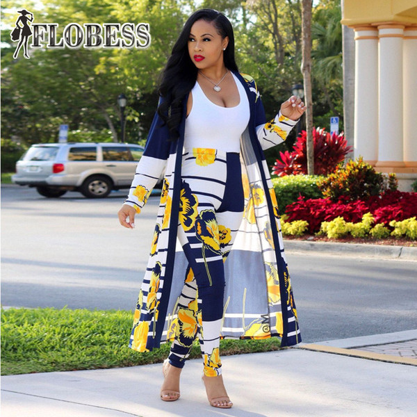 Flobess Women Fashion Flower Print Two 2 Piece Set Cape Coat + Long Pants 2018 Autumn Female Sexy Club Casual Clothing Plus Size