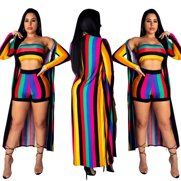 Women Three Piece Set Striped Stretch Outfits Long Sleeve Cover Up Smock Ponchos Cloak+Shorts pants+Strapless Wrap Chest