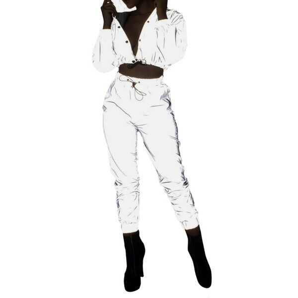 Ladies Sexy Set Lapel Pocket Zipper Umbilical Shirt High Waist Trousers Reflective Sports Suit